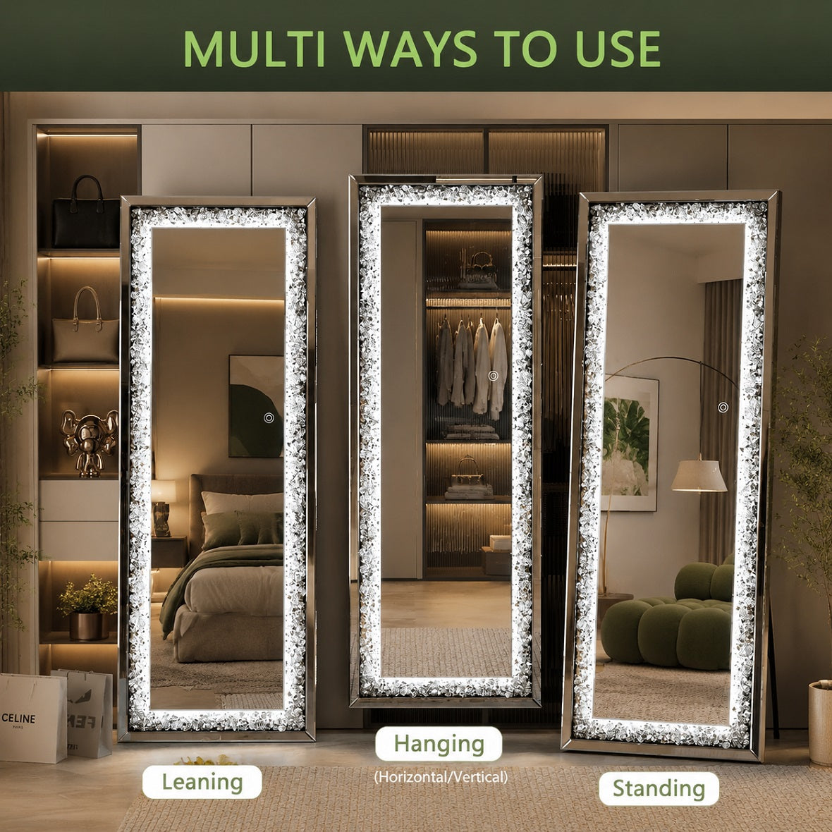 Hasipu Rectangle LED Diamond Full Length Mirror with Crystal Crush Diamond Design