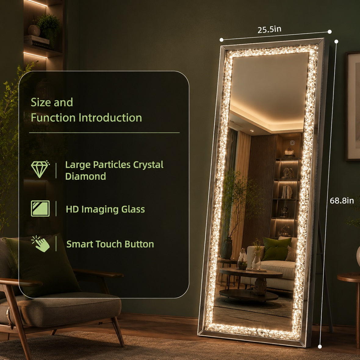 Hasipu Rectangle LED Diamond Full Length Mirror with Crystal Crush Diamond Design