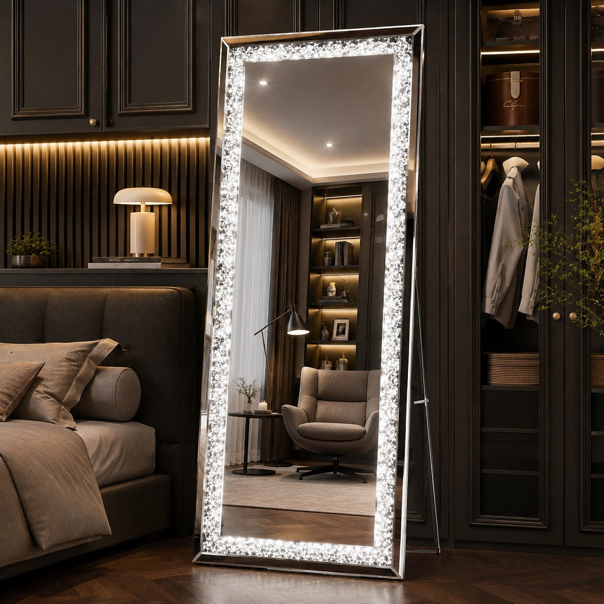 Hasipu Rectangle LED Diamond Full Length Mirror with Crystal Crush Diamond Design