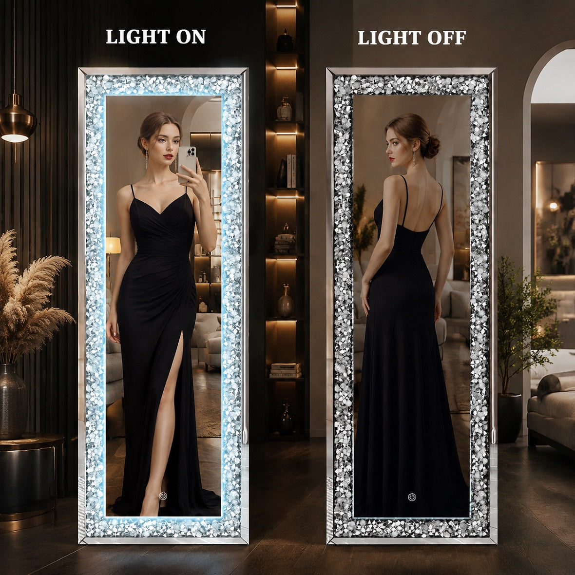 Hasipu Rectangle LED Diamond Full Length Mirror with Crystal Crush Diamond Design