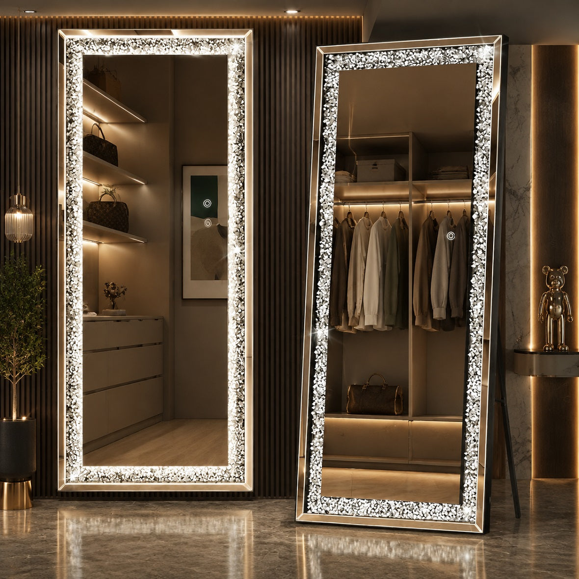 Hasipu Rectangle LED Diamond Full Length Mirror with Crystal Crush Diamond Design