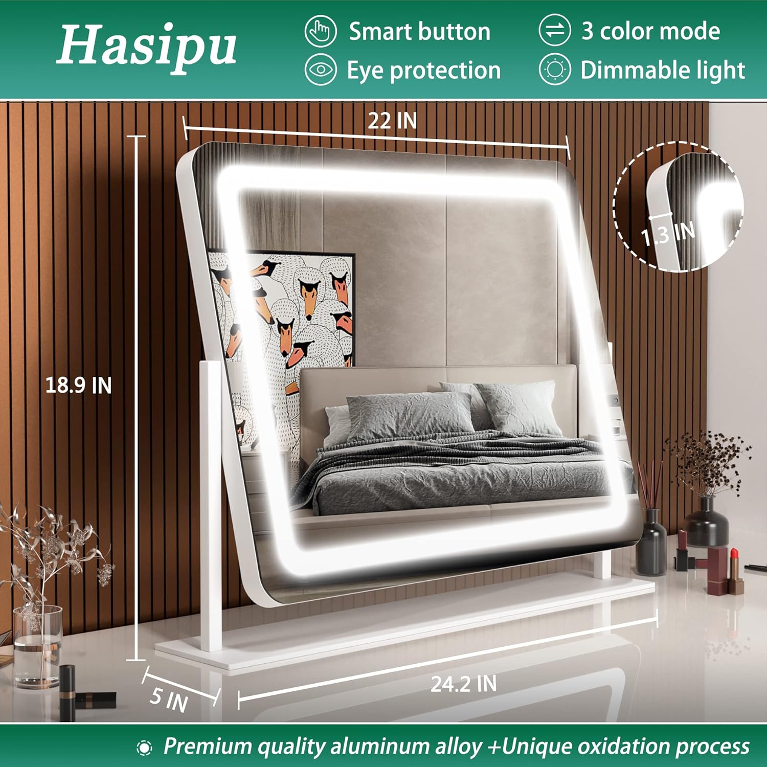 HASIPU Vanity Mirror, 24.2" x 18.9" Round LED Makeup Mirror